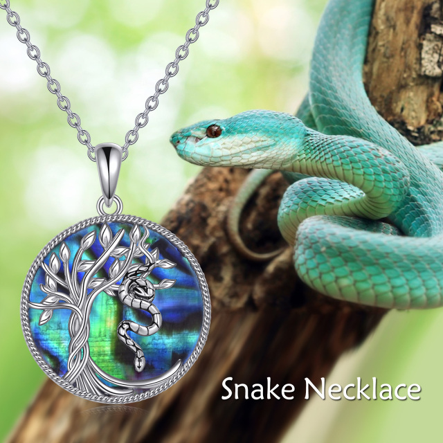 Sterling Silver Circular Shaped Abalone Shellfish Snake & Tree Of Life Pendant Necklace-6