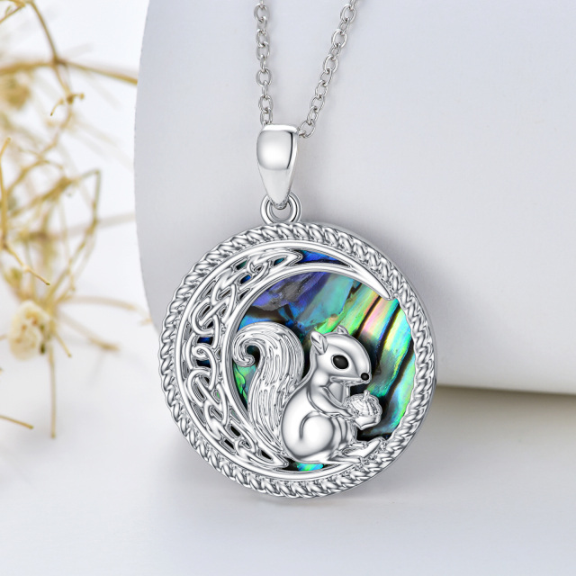 Sterling Silver Circular Shaped Abalone Shellfish Squirrel & Celtic Knot & Moon Pendant Necklace-3