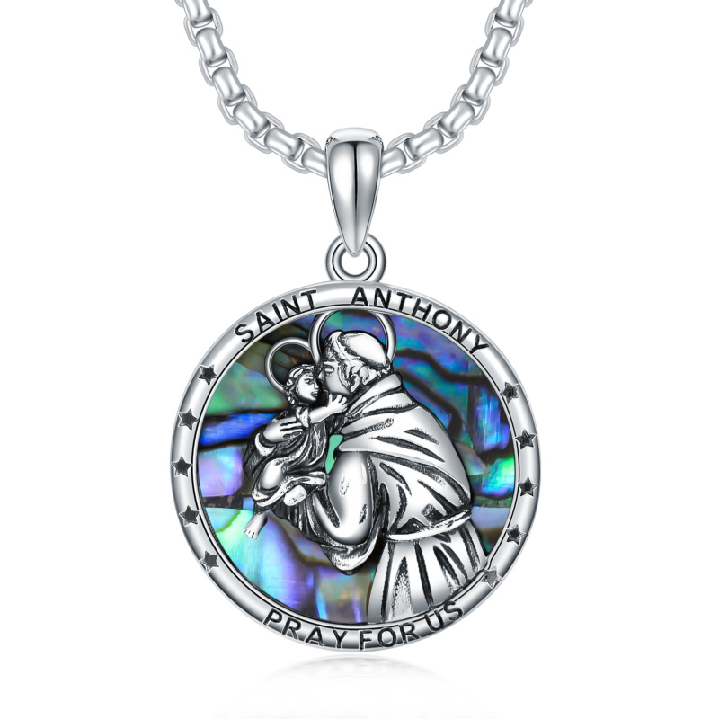 Sterling Silver Circular Shaped Abalone Shellfish St. Anthony Pendant Necklace with Engraved Word-35