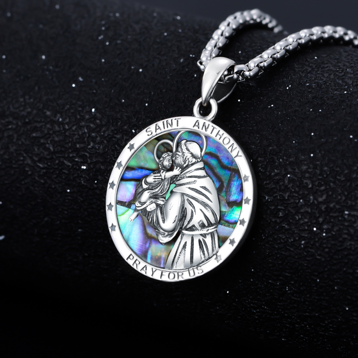 Sterling Silver Circular Shaped Abalone Shellfish St. Anthony Pendant Necklace with Engraved Word-2