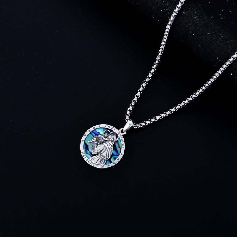 Sterling Silver Circular Shaped Abalone Shellfish St. Anthony Pendant Necklace with Engraved Word-3