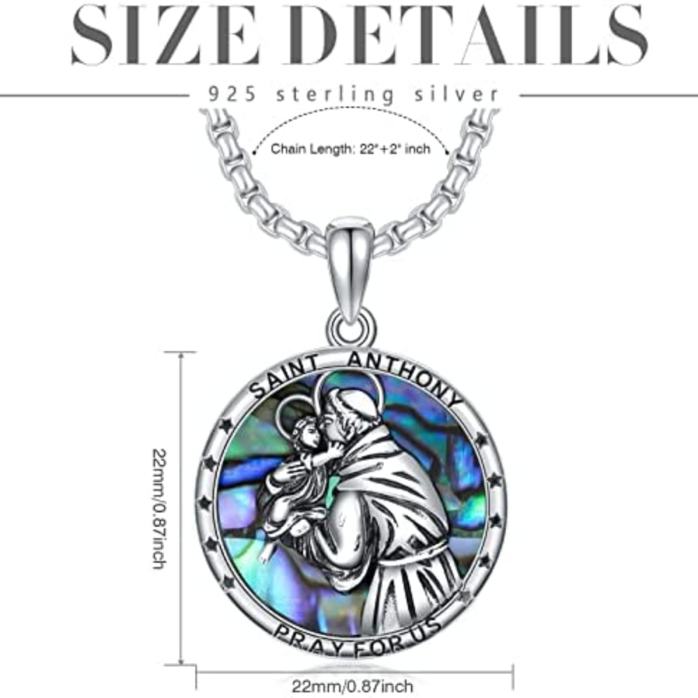 Sterling Silver Circular Shaped Abalone Shellfish St. Anthony Pendant Necklace with Engraved Word-6