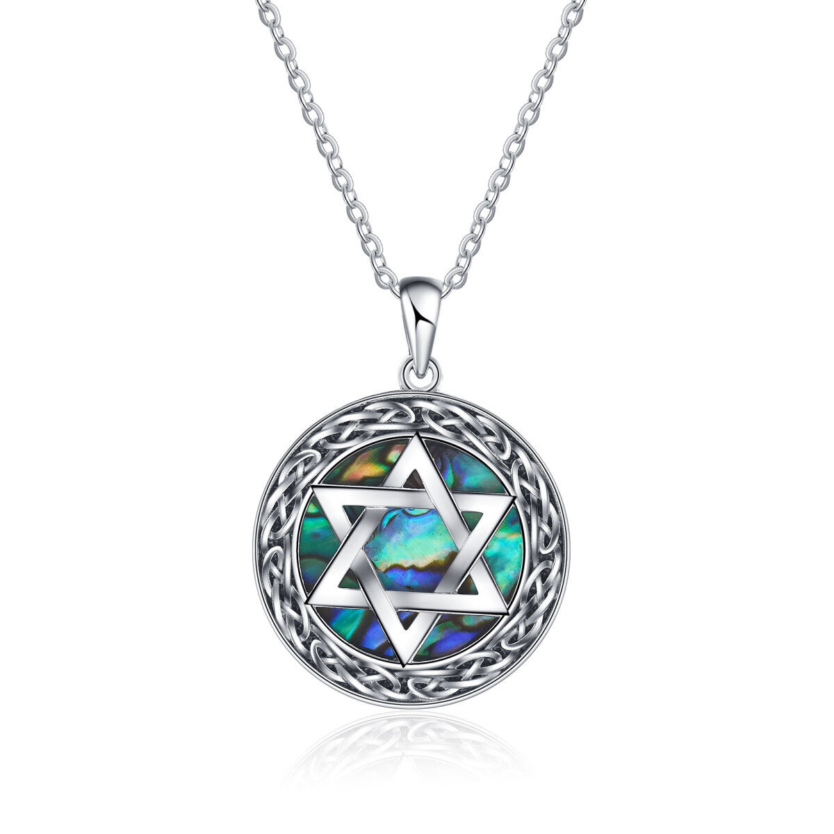 Sterling Silver Circular Shaped Abalone Shellfish Star Of David Pendant Necklace-1