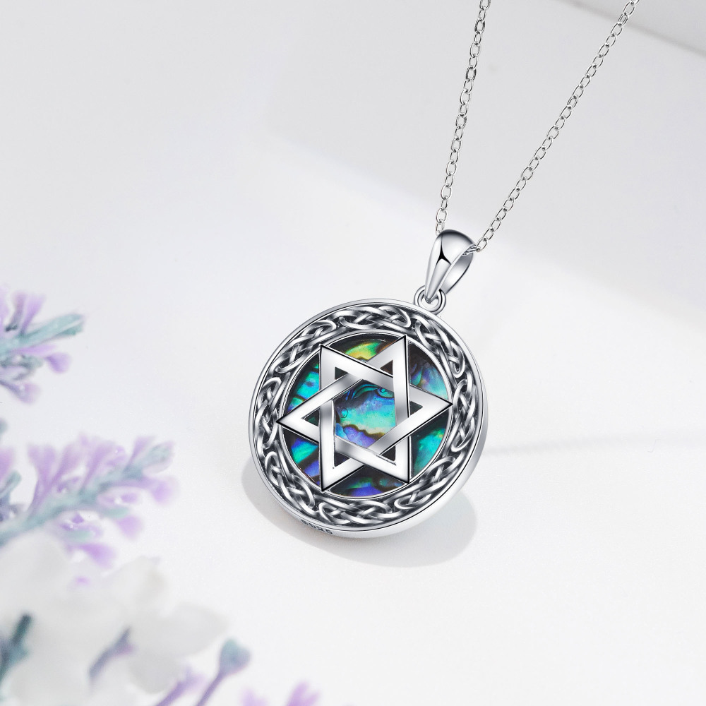 Sterling Silver Circular Shaped Abalone Shellfish Star Of David Pendant Necklace-3