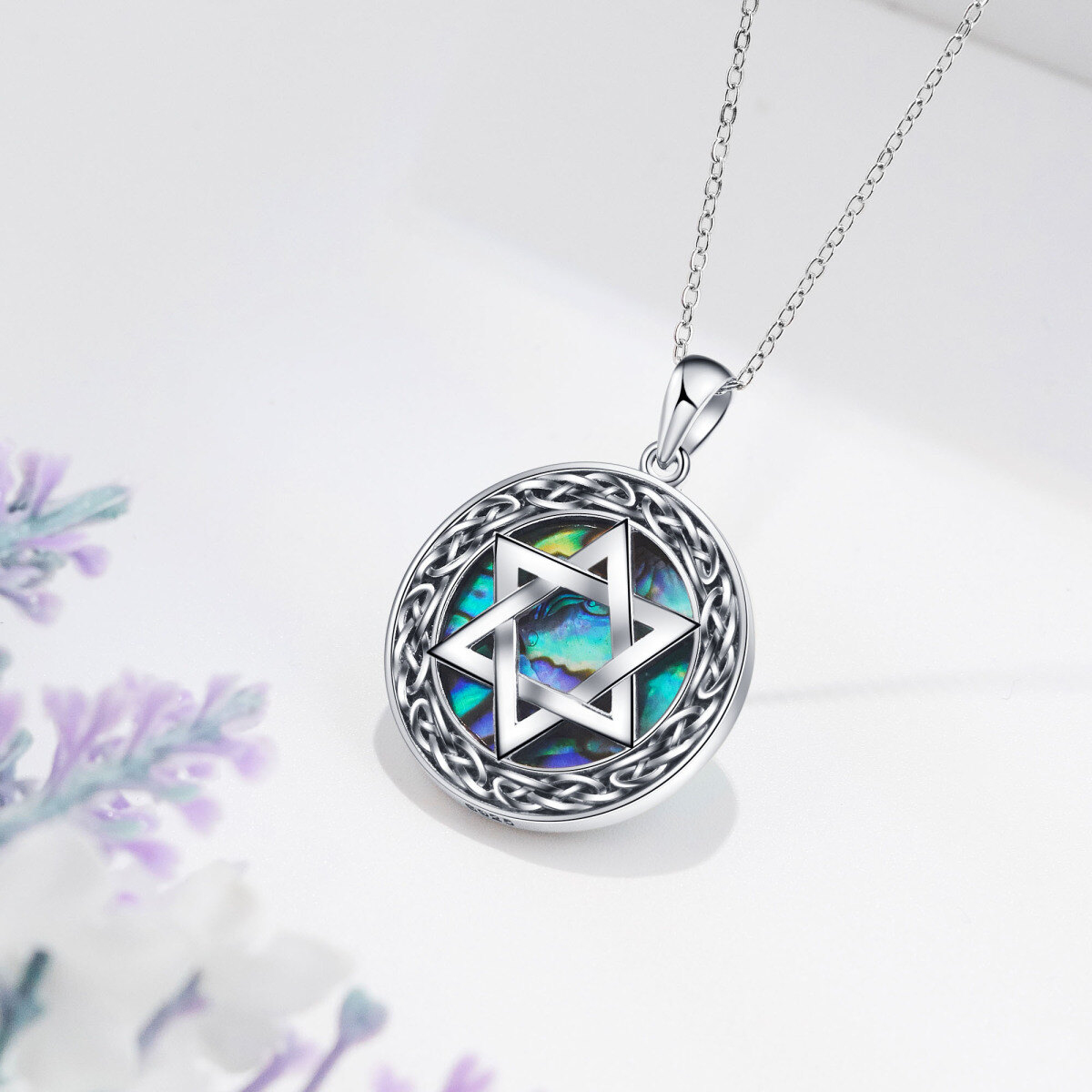 Sterling Silver Circular Shaped Abalone Shellfish Star Of David Pendant Necklace-3