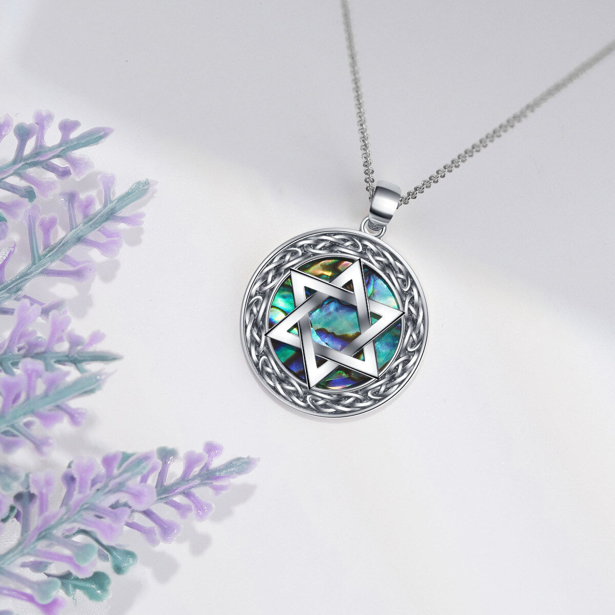 Sterling Silver Circular Shaped Abalone Shellfish Star Of David Pendant Necklace-4