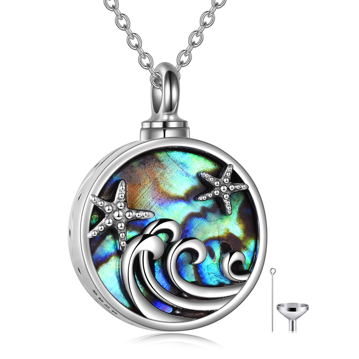 Sterling zilveren ronde vorm Abalone schelpdieren zeesterren & Spray Urn ketting voor as met gegraveerd woord-1