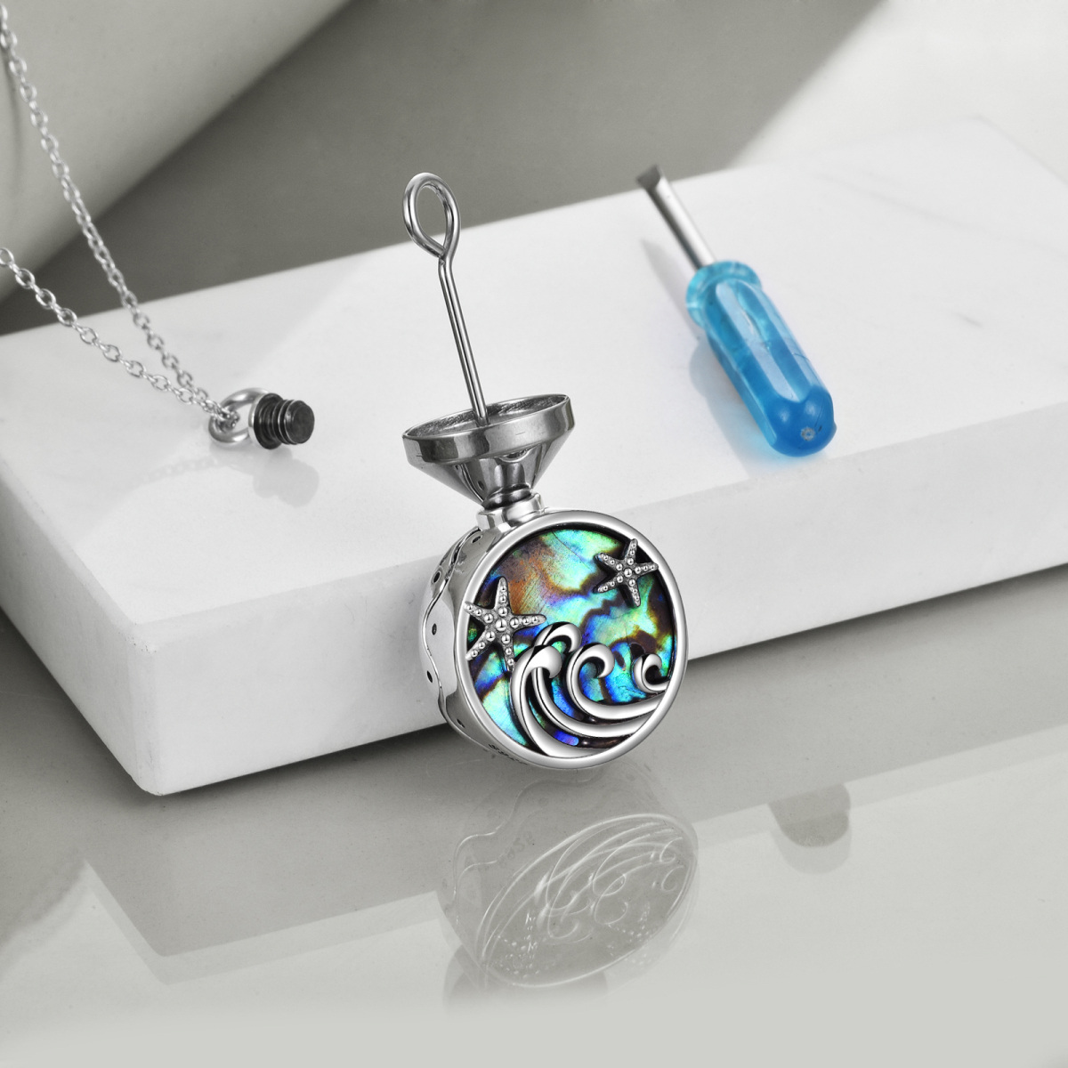 Sterling zilveren ronde vorm Abalone schelpdieren zeesterren & Spray Urn ketting voor as met gegraveerd woord-3