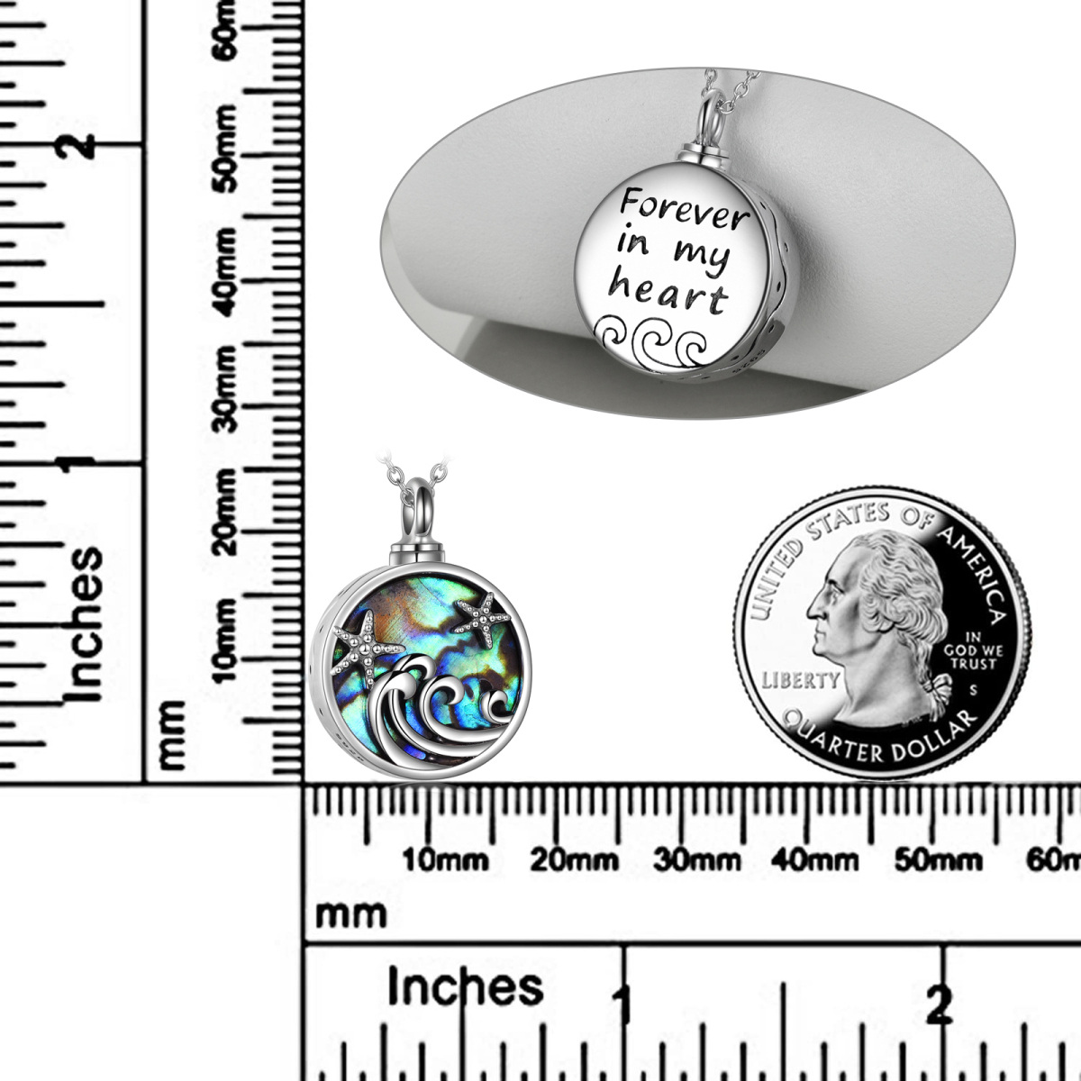 Sterling Silver Circular Shaped Abalone Shellfish Starfish & Spray Urn Necklace for Ashes with Engraved Word-5