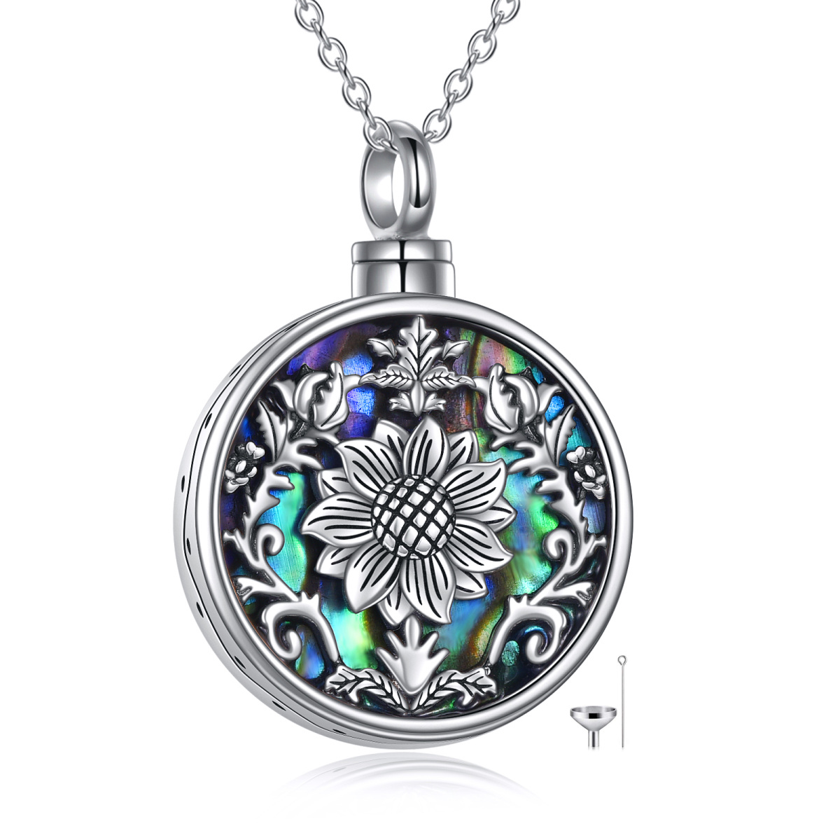 Collana in argento sterling a forma di cerchio per urne di conchiglie Abalone e girasoli per le ceneri-1