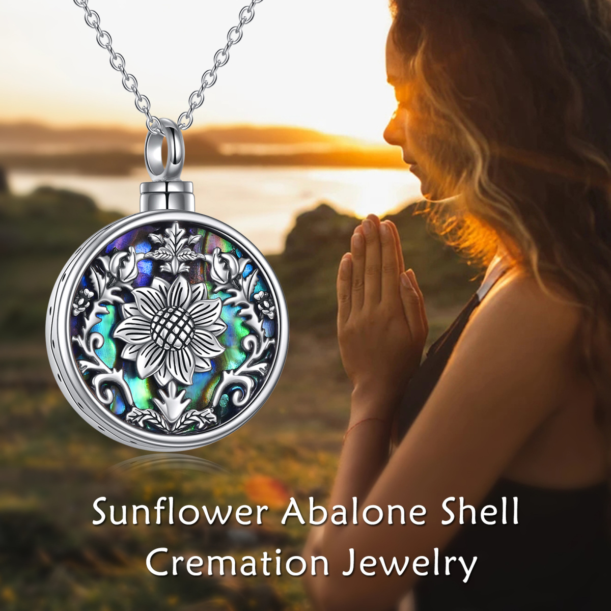 Collana in argento sterling a forma di cerchio per urne di conchiglie Abalone e girasoli per le ceneri-6