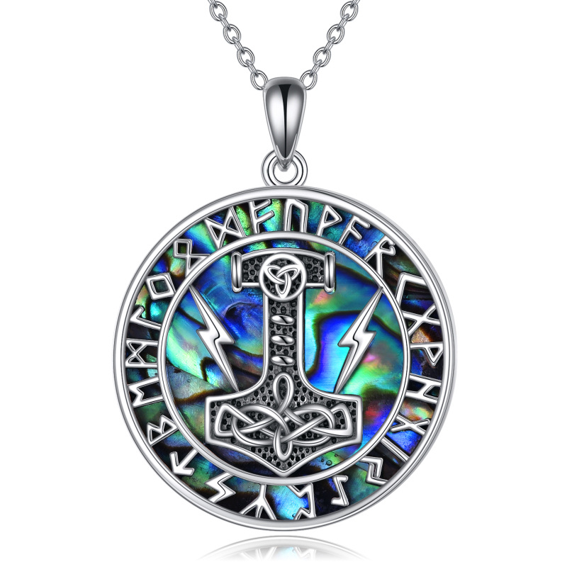 Sterling Silver Circular Shaped Abalone Shellfish Thor's Hammer & Viking Rune Pendant Necklace for Men-7
