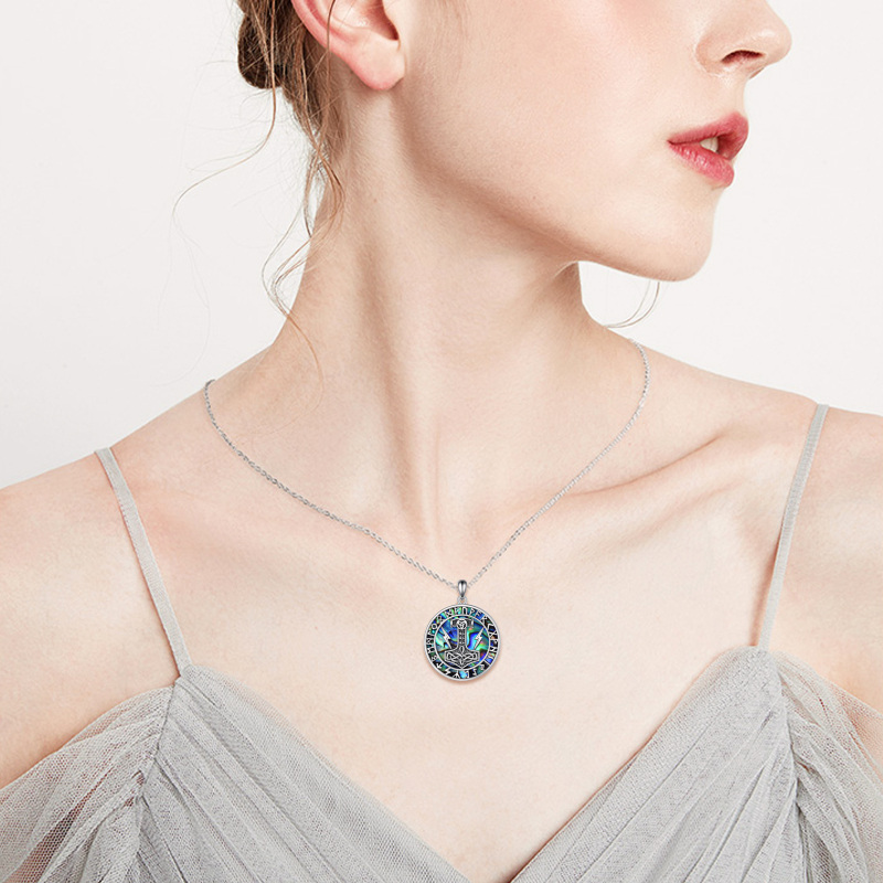 Sterling Silver Circular Shaped Abalone Shellfish Thor's Hammer & Viking Rune Pendant Necklace for Men-2