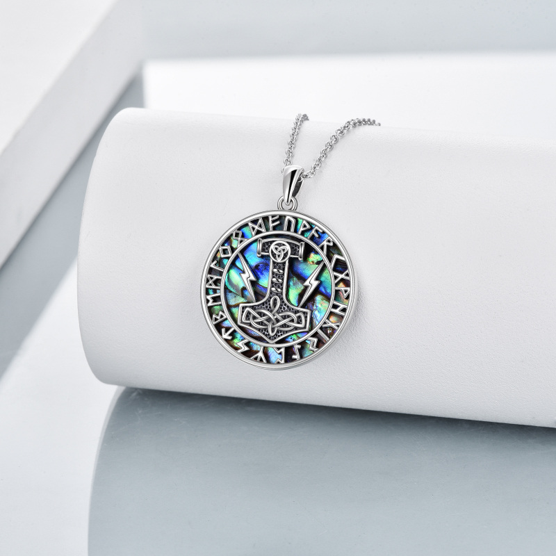 Sterling Silver Circular Shaped Abalone Shellfish Thor's Hammer & Viking Rune Pendant Necklace for Men-3