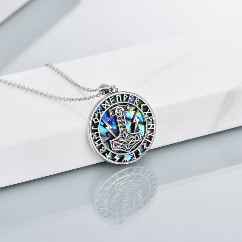 Sterling Silver Circular Shaped Abalone Shellfish Thor's Hammer & Viking Rune Pendant Necklace for Men-4