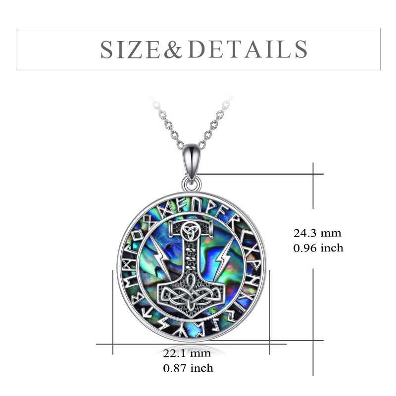 Sterling Silver Circular Shaped Abalone Shellfish Thor's Hammer & Viking Rune Pendant Necklace for Men-5
