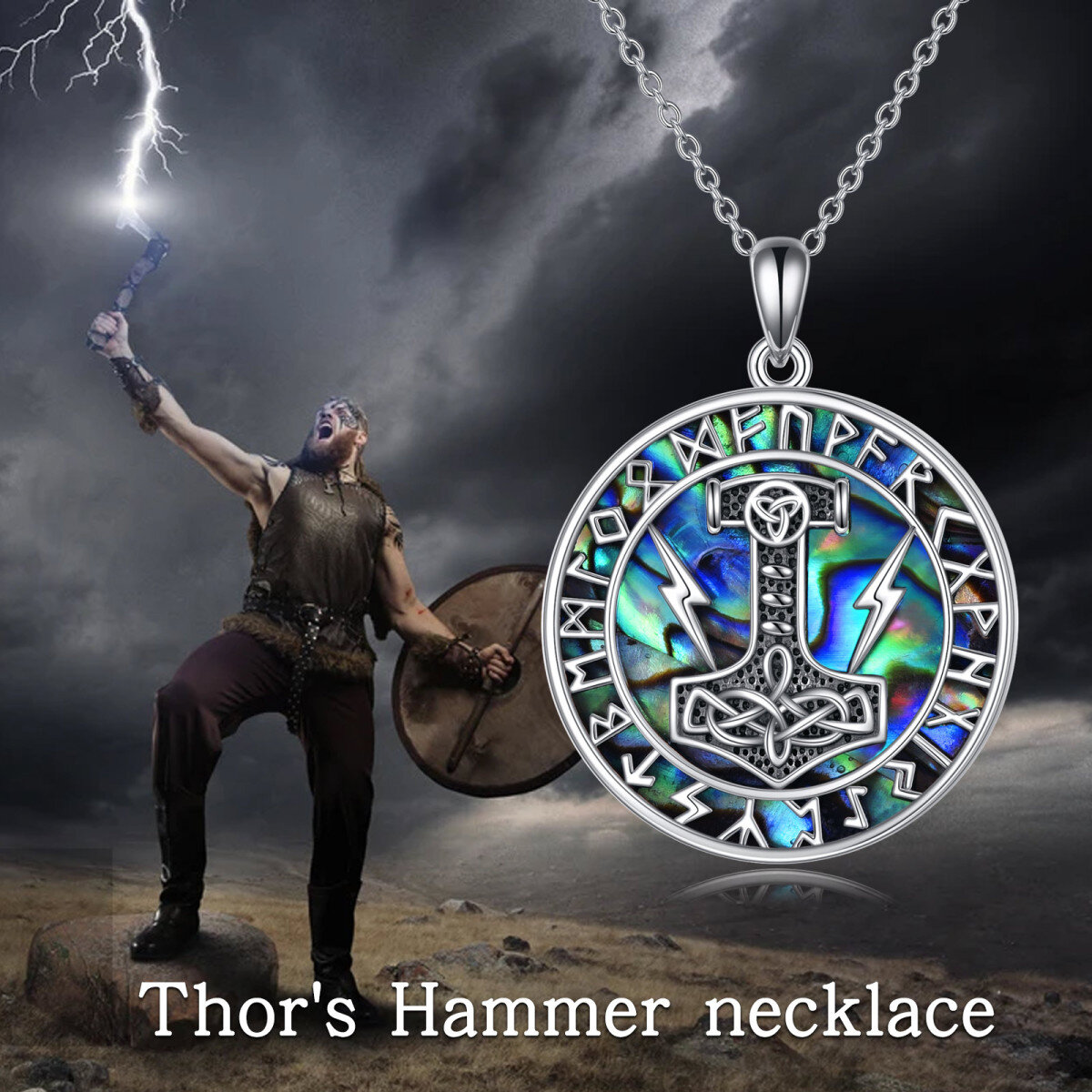 Colar de prata esterlina com pingente de martelo de Thor e runa Viking para homem-6