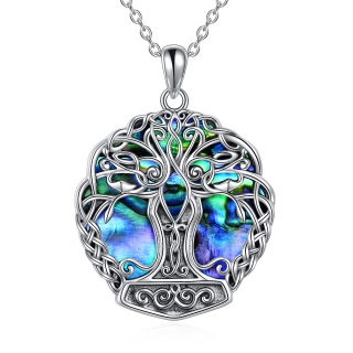 Sterling Silver Circular Shaped Abalone Shellfish Tree Of Life & Celtic Knot Pendant Necklace-47