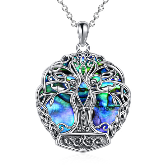 Sterling Silver Circular Shaped Abalone Shellfish Tree Of Life & Celtic Knot Pendant Necklace