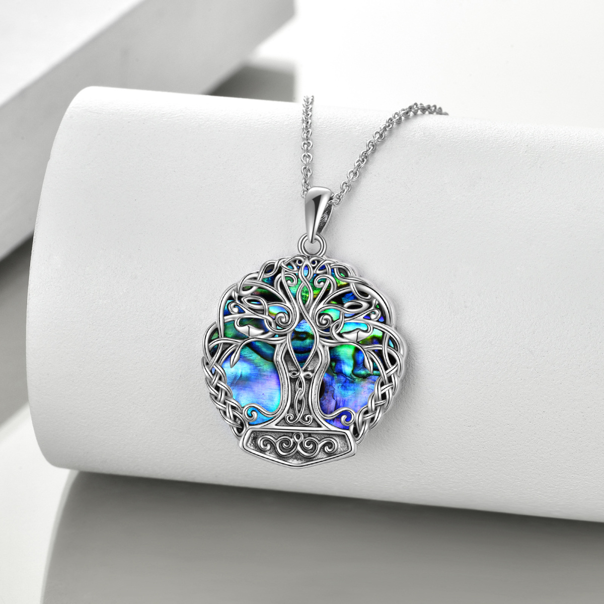 Sterling Silver Circular Shaped Abalone Shellfish Tree Of Life & Celtic Knot Pendant Necklace-3