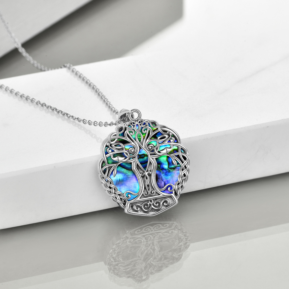 Sterling Silver Circular Shaped Abalone Shellfish Tree Of Life & Celtic Knot Pendant Necklace-4