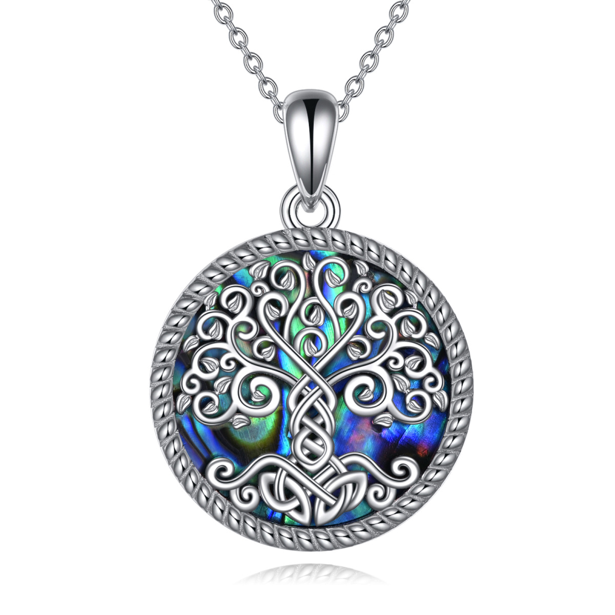 Sterling Silver Circular Shaped Abalone Shellfish Tree Of Life & Celtic Knot Pendant Necklace-1