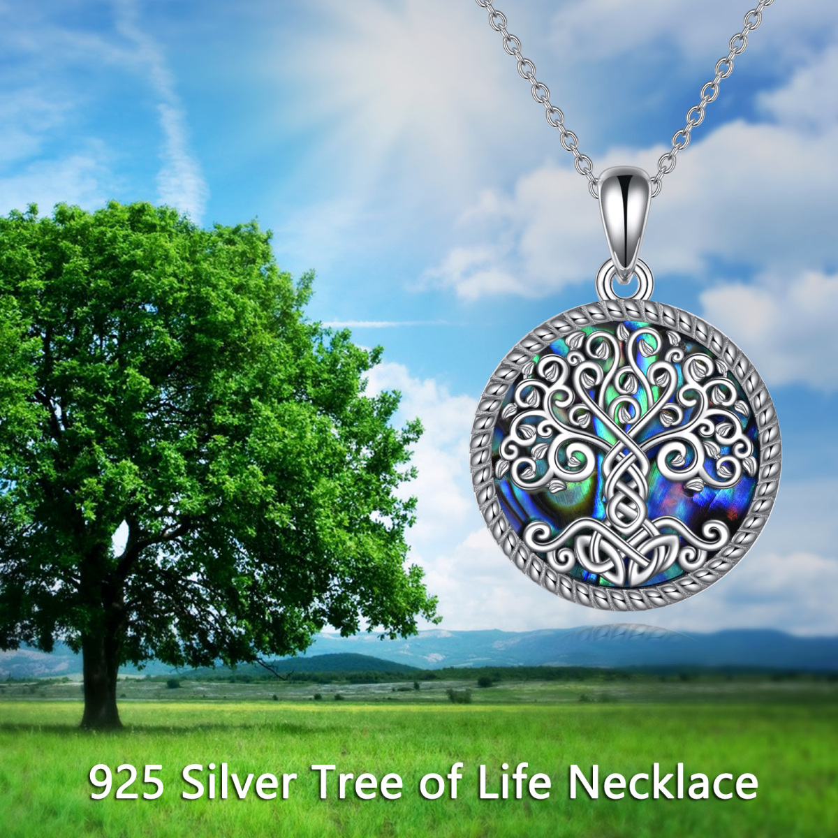 Sterling Silver Circular Shaped Abalone Shellfish Tree Of Life & Celtic Knot Pendant Necklace-5