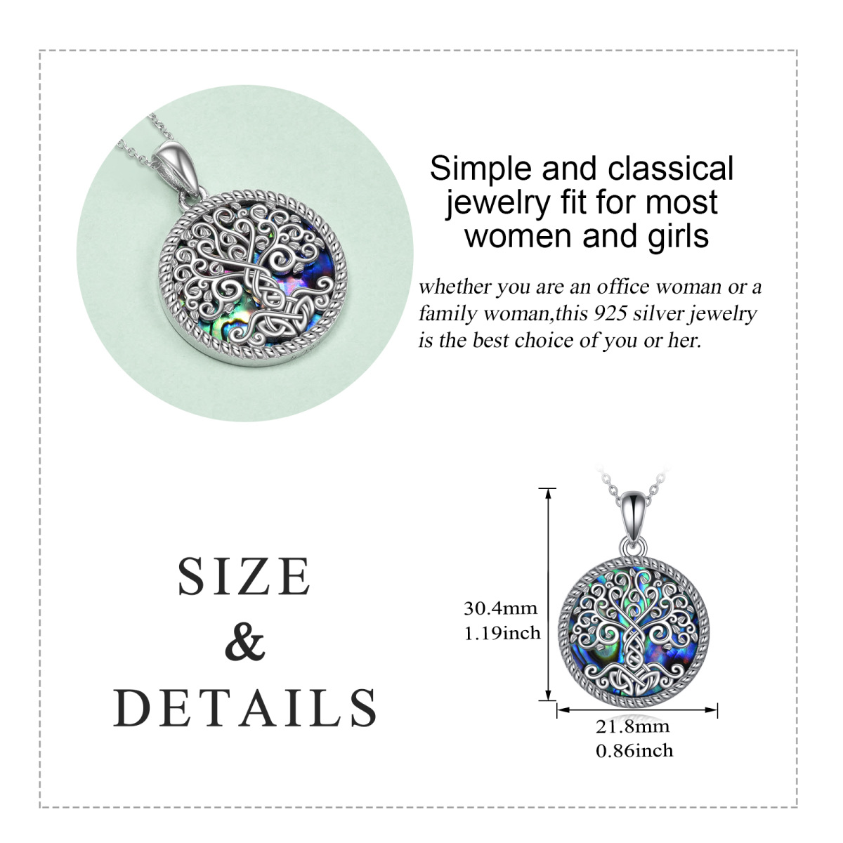 Sterling Silver Circular Shaped Abalone Shellfish Tree Of Life & Celtic Knot Pendant Necklace-6