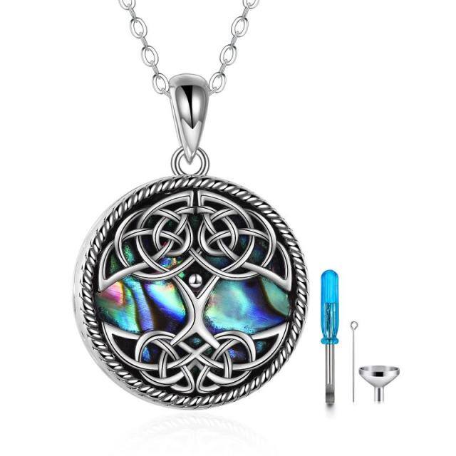 Sterling Silver Circular Shaped Abalone Shellfish Tree Of Life & Celtic Knot Urn Necklace for Ashes