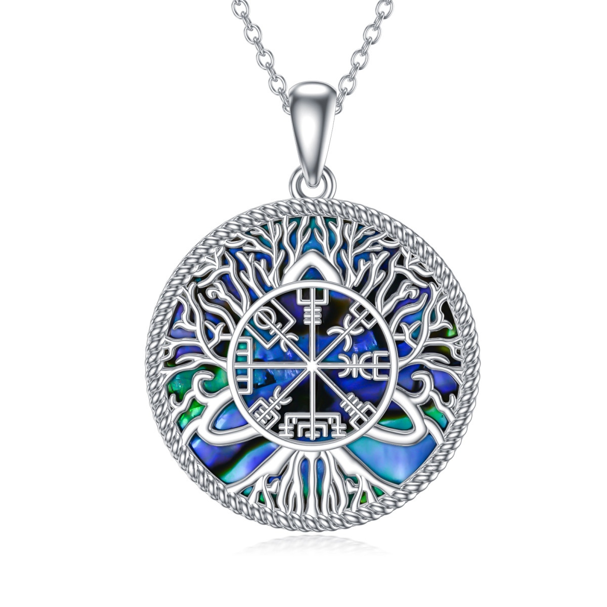 Sterling Silver Circular Shaped Abalone Shellfish Tree Of Life & Compass Pendant Necklace-1