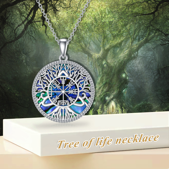 Sterling Silver Circular Shaped Abalone Shellfish Tree Of Life & Compass Pendant Necklace-3