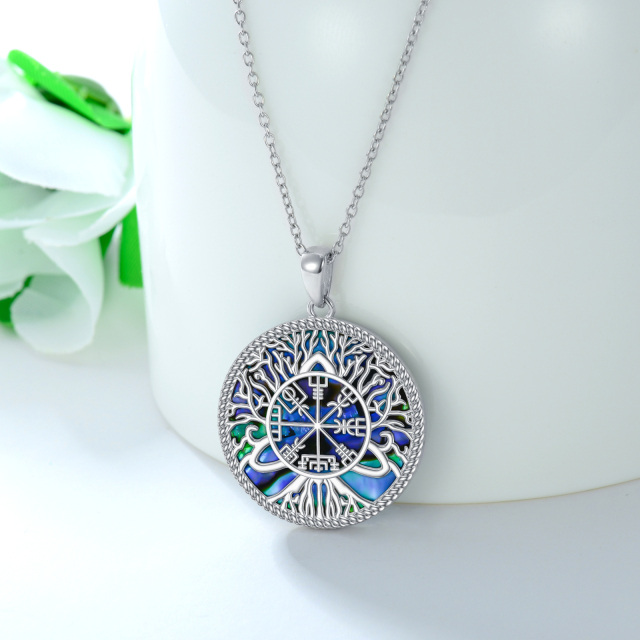 Sterling Silver Circular Shaped Abalone Shellfish Tree Of Life & Compass Pendant Necklace-4