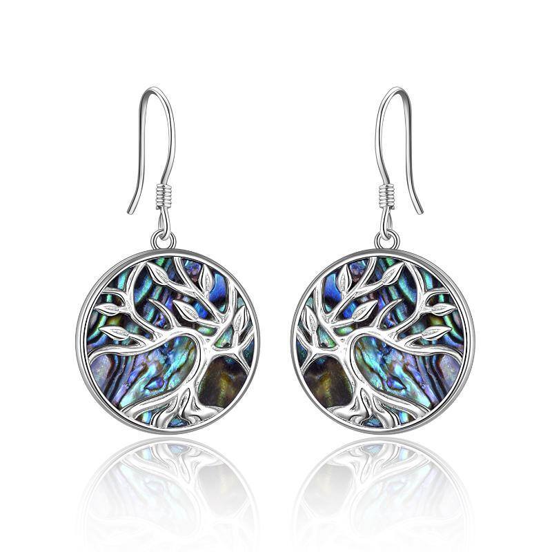 Sterling Silver Circular Shaped Abalone Shellfish Tree Of Life Drop Earrings-1