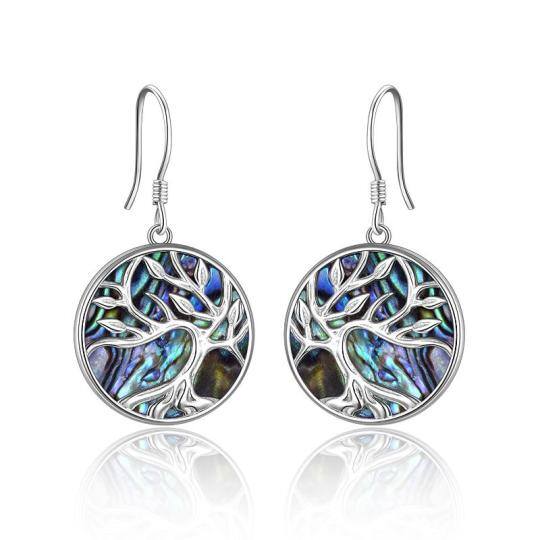 Sterling Silver Circular Shaped Abalone Shellfish Tree Of Life Drop Earrings