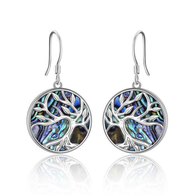 Sterling Silver Circular Shaped Abalone Shellfish Tree Of Life Drop Earrings-1