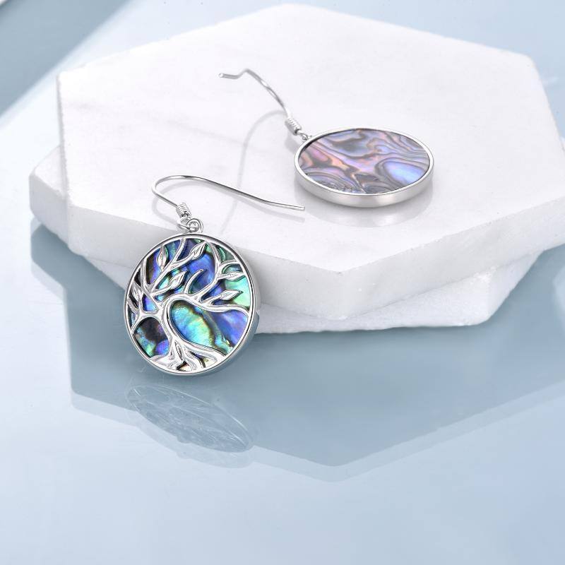 Sterling Silver Circular Shaped Abalone Shellfish Tree Of Life Drop Earrings-4