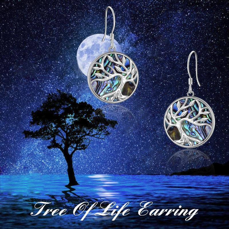 Sterling Silver Circular Shaped Abalone Shellfish Tree Of Life Drop Earrings-6