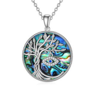 Sterling Silver Circular Shaped Abalone Shellfish Tree Of Life & Evil Eye Pendant Necklace-13