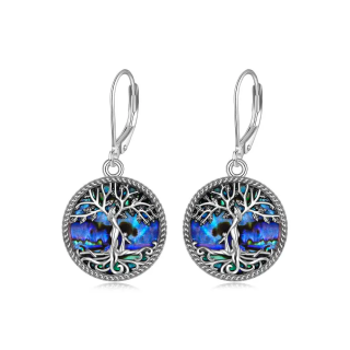 Sterling Silver Circular Shaped Abalone Shellfish Tree Of Life Lever-back Earrings-48