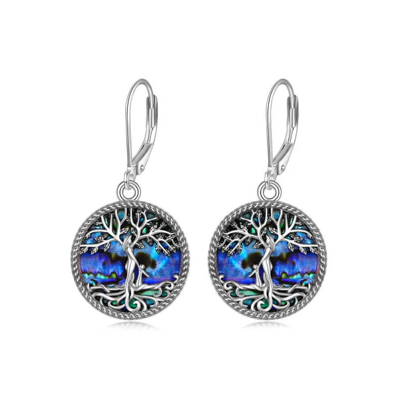 Sterling Silver Circular Shaped Abalone Shellfish Tree Of Life Lever-back Earrings