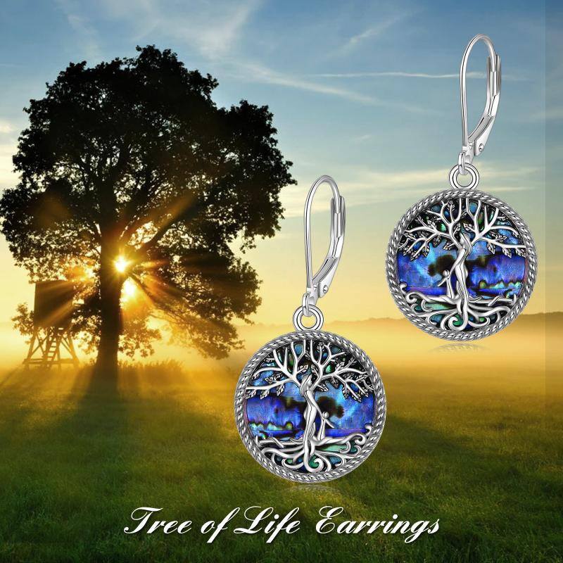 Sterling Silver Circular Shaped Abalone Shellfish Tree Of Life Lever-back Earrings-3