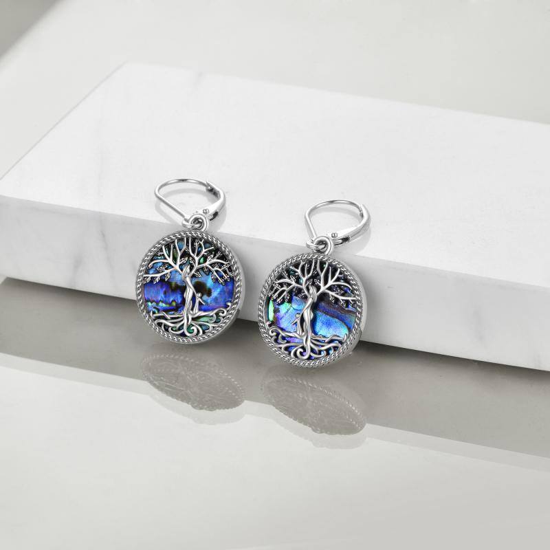 Sterling Silver Circular Shaped Abalone Shellfish Tree Of Life Lever-back Earrings-4