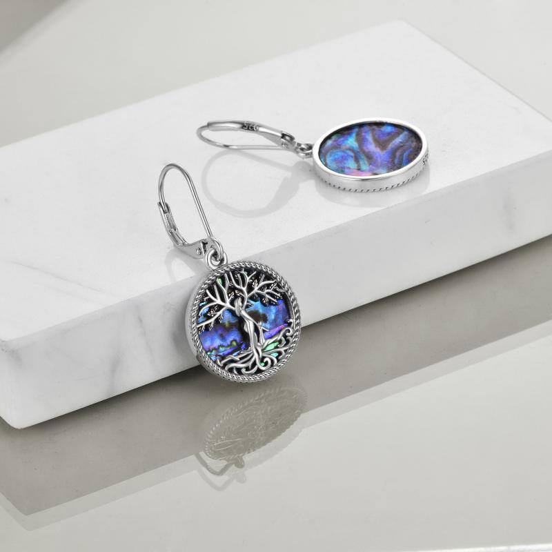 Sterling Silver Circular Shaped Abalone Shellfish Tree Of Life Lever-back Earrings-5