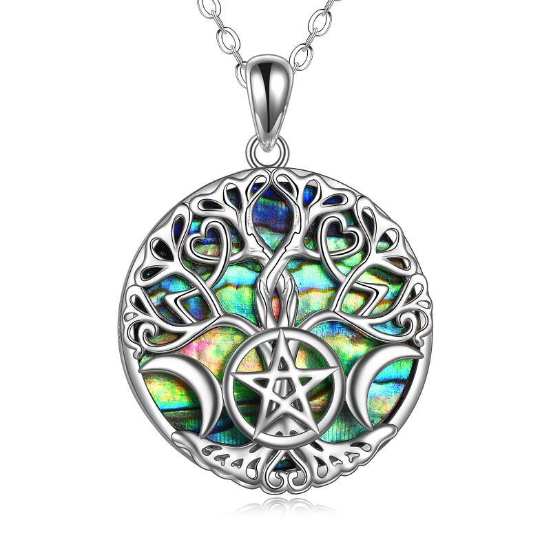 Image of Sterling Silver Abalone Shellfish Tree Of Life Moon Pentagram Pendant Necklace For Unisex