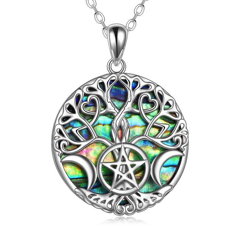 Sterling Silver Abalone Shellfish Tree Of Life Moon Pentagram Pendant Necklace For Unisex-16