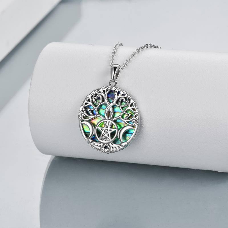 Sterling Silver Abalone Shellfish Tree Of Life Moon Pentagram Pendant Necklace For Unisex-3