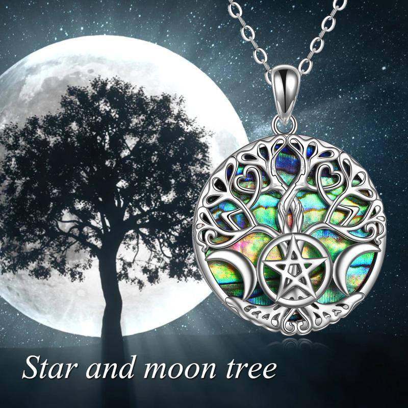 Sterling Silver Abalone Shellfish Tree Of Life Moon Pentagram Pendant Necklace For Unisex-5