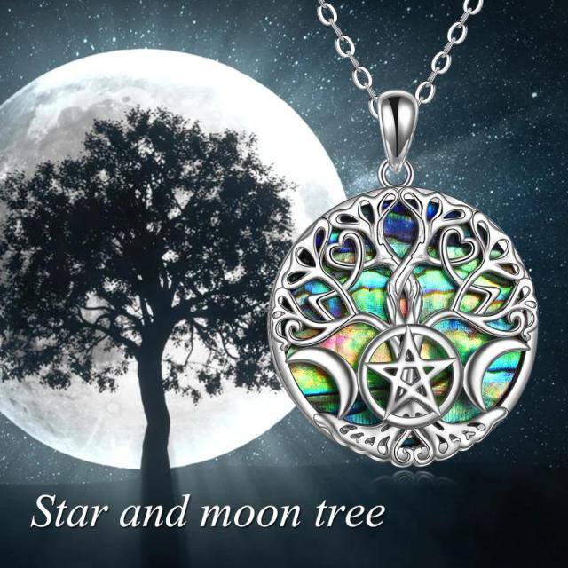 Sterling Silver Circular Shaped Abalone Shellfish Tree Of Life & Moon & Pentagram Pendant Necklace-5