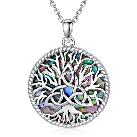 Sterling Silver Circular Shaped Abalone Shellfish Tree Of Life Pendant Necklace