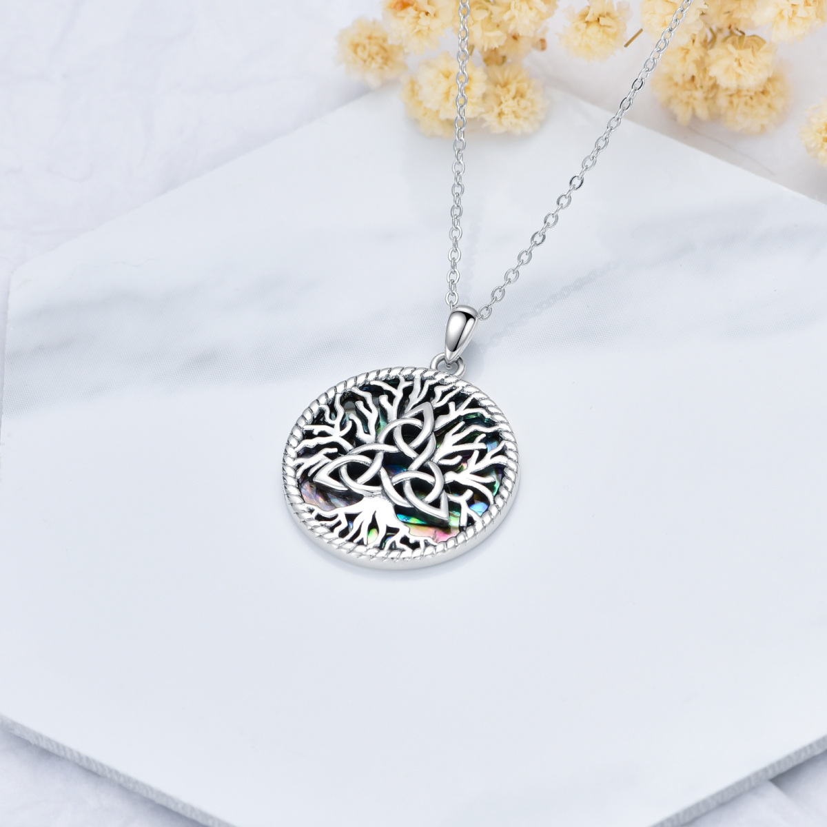 Sterling Silver Circular Shaped Abalone Shellfish Tree Of Life Pendant Necklace-3